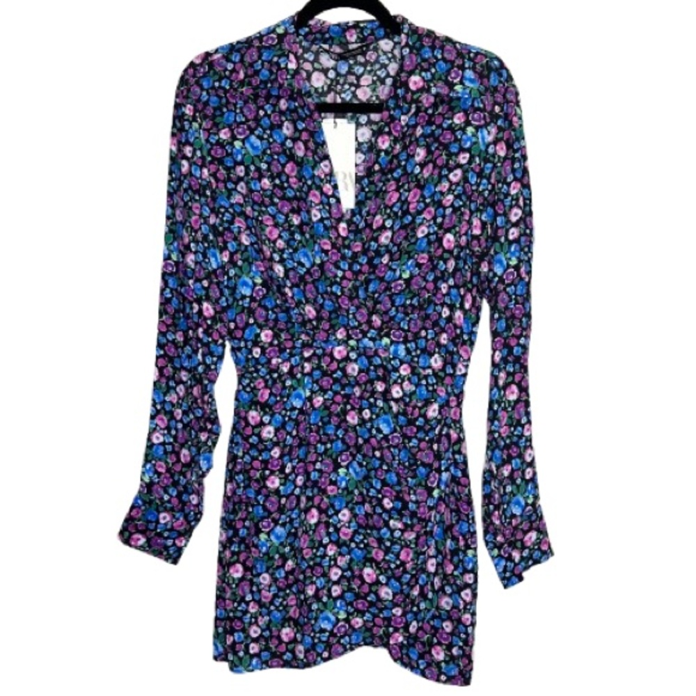 Zara Women  Ditsy Multicolor Floral Print Faux Wrap Mini Dress Long Sleeve Sz XS